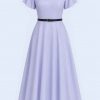 Lavender midi dress with modest short sleeves and belted waist