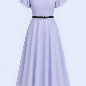 Lavender midi dress with modest short sleeves and belted waist