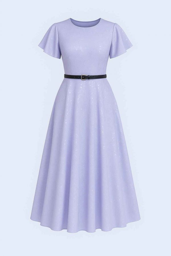 Lavender midi dress with modest short sleeves and belted waist