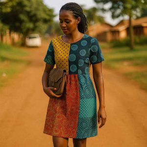 Ugandan woman wearing a handmade modest patch dress while walking outdoors with grace