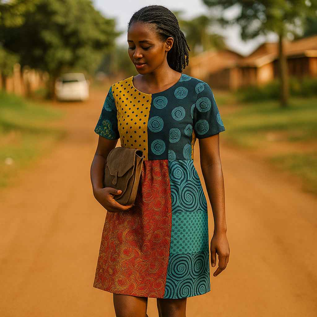 Front view of handmade modest patch dress from Uganda