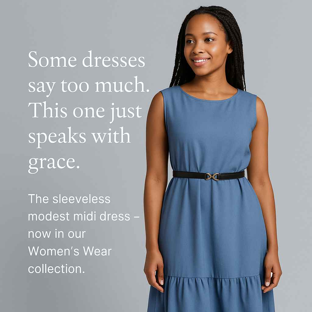 African woman wearing modest sleeveless blue midi dress with ruffle hem and belt
