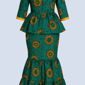 Back view of a women’s African one-step peplum dress with mermaid skirt and peplum waist in green fabric with orange and gold accents