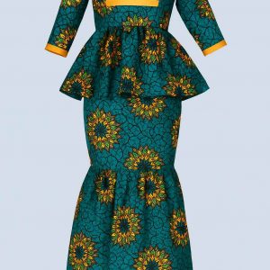 Front view of a women’s African one-step peplum dress with yellow trim and mermaid skirt in green, orange, and gold fabric