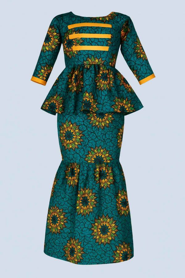 Front view of a women’s African one-step peplum dress with yellow trim and mermaid skirt in green, orange, and gold fabric