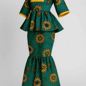 Angled view of a women’s African one-step peplum dress showing fitted bodice, flared peplum waist, and mermaid skirt in green, orange, and gold tones