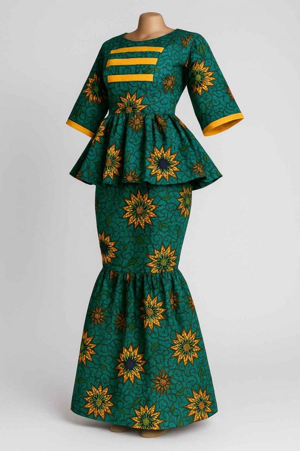 Angled view of a women’s African one-step peplum dress showing fitted bodice, flared peplum waist, and mermaid skirt in green, orange, and gold tones