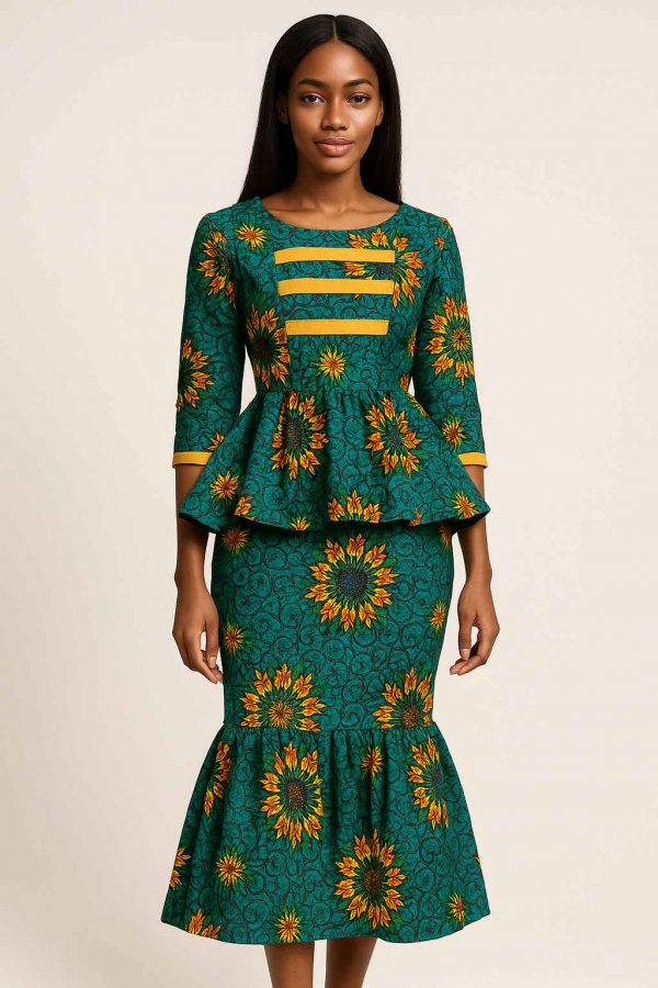 Studio portrait of a stunning African woman wearing a green, gold, and orange peplum dress with modest fit and mermaid silhouette