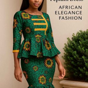 African seamstress proudly presenting a one-step peplum dress in her tailoring workspace surrounded by fabrics and tools