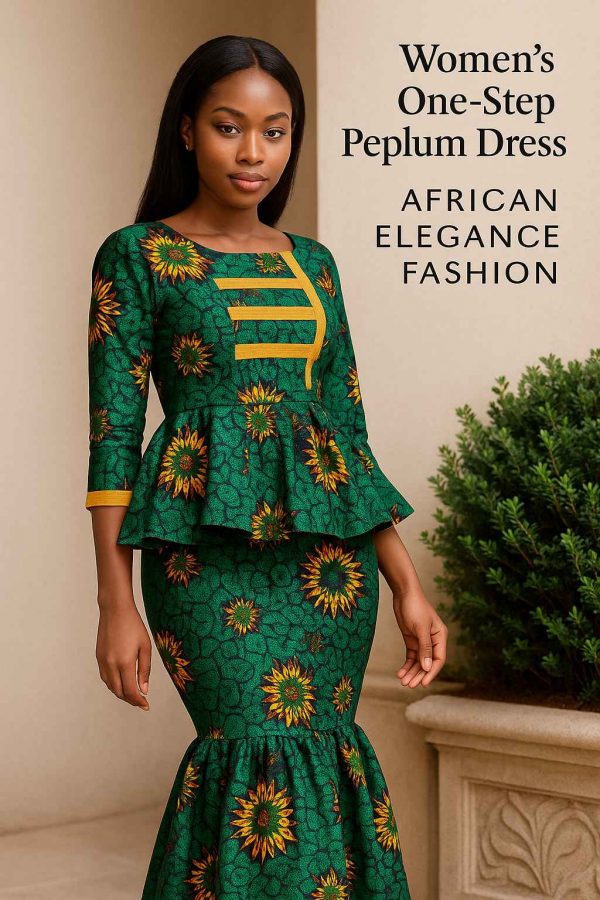 African seamstress proudly presenting a one-step peplum dress in her tailoring workspace surrounded by fabrics and tools