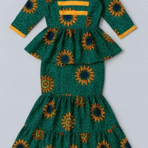 Top-down view of a one-step African peplum dress laid flat to reveal structured bodice, peplum waist, and flared skirt