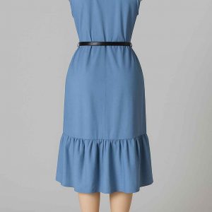Back view of a modest light blue sleeveless midi dress with black belt and ruffled hem, displayed on a mannequin.