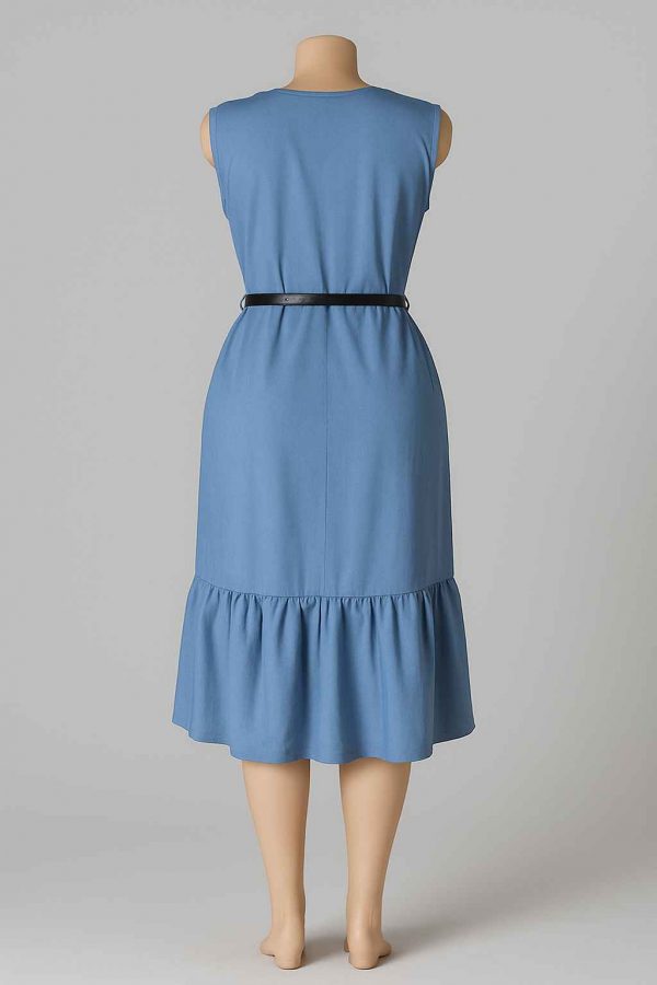 Back view of a modest light blue sleeveless midi dress with black belt and ruffled hem, displayed on a mannequin.