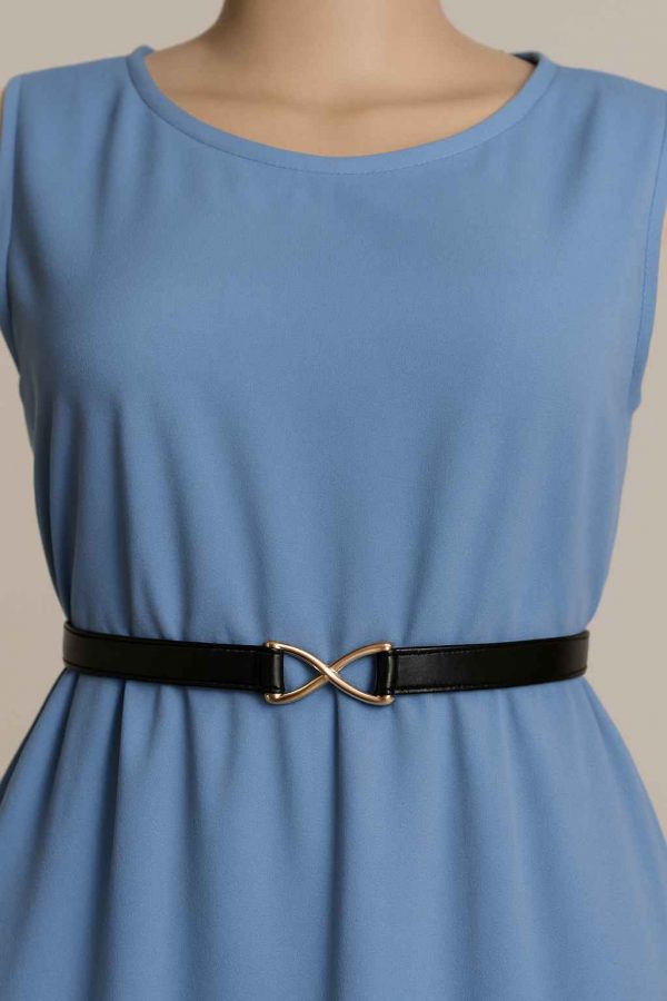 Close-up view of a light blue sleeveless midi dress showing the neckline, fabric texture, and gold-accented black belt on a mannequin.