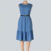 Front view of a light blue sleeveless midi dress with ruffled hem and black belt, displayed on a mannequin.