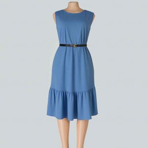 Front view of a light blue sleeveless midi dress with ruffled hem and black belt, displayed on a mannequin.