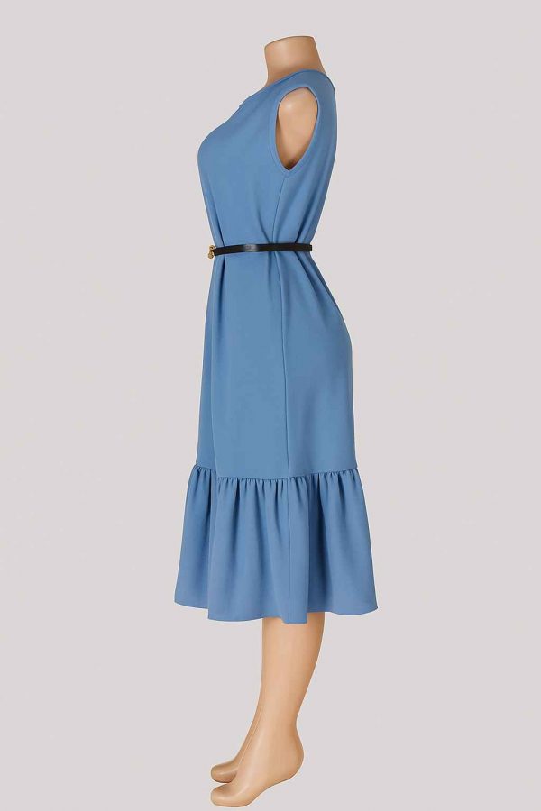 Side view of a light blue sleeveless midi dress with black belt and ruffled hem, displayed on a mannequin.