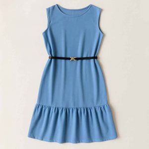 Top-down view of a light blue sleeveless midi dress with a black belt and ruffled hem, laid flat on a neutral background.