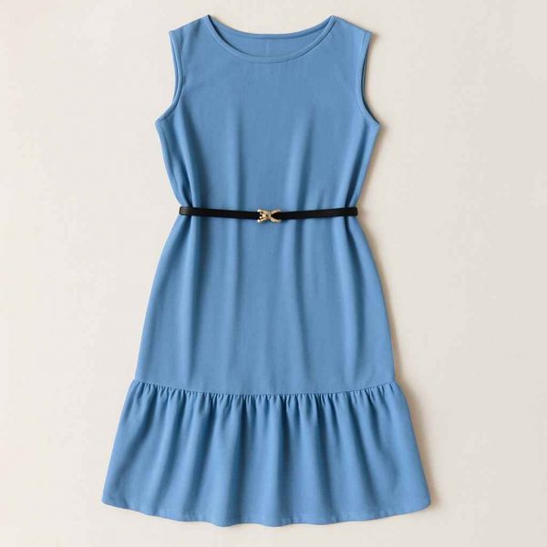 Top-down view of a light blue sleeveless midi dress with a black belt and ruffled hem, laid flat on a neutral background.