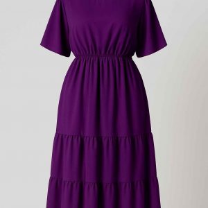 Royal purple tiered midi dress displayed on a mannequin against a clean studio backdrop