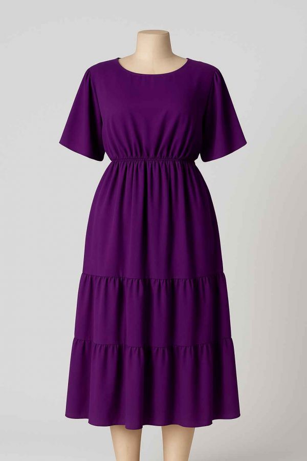 Royal purple tiered midi dress displayed on a mannequin against a clean studio backdrop