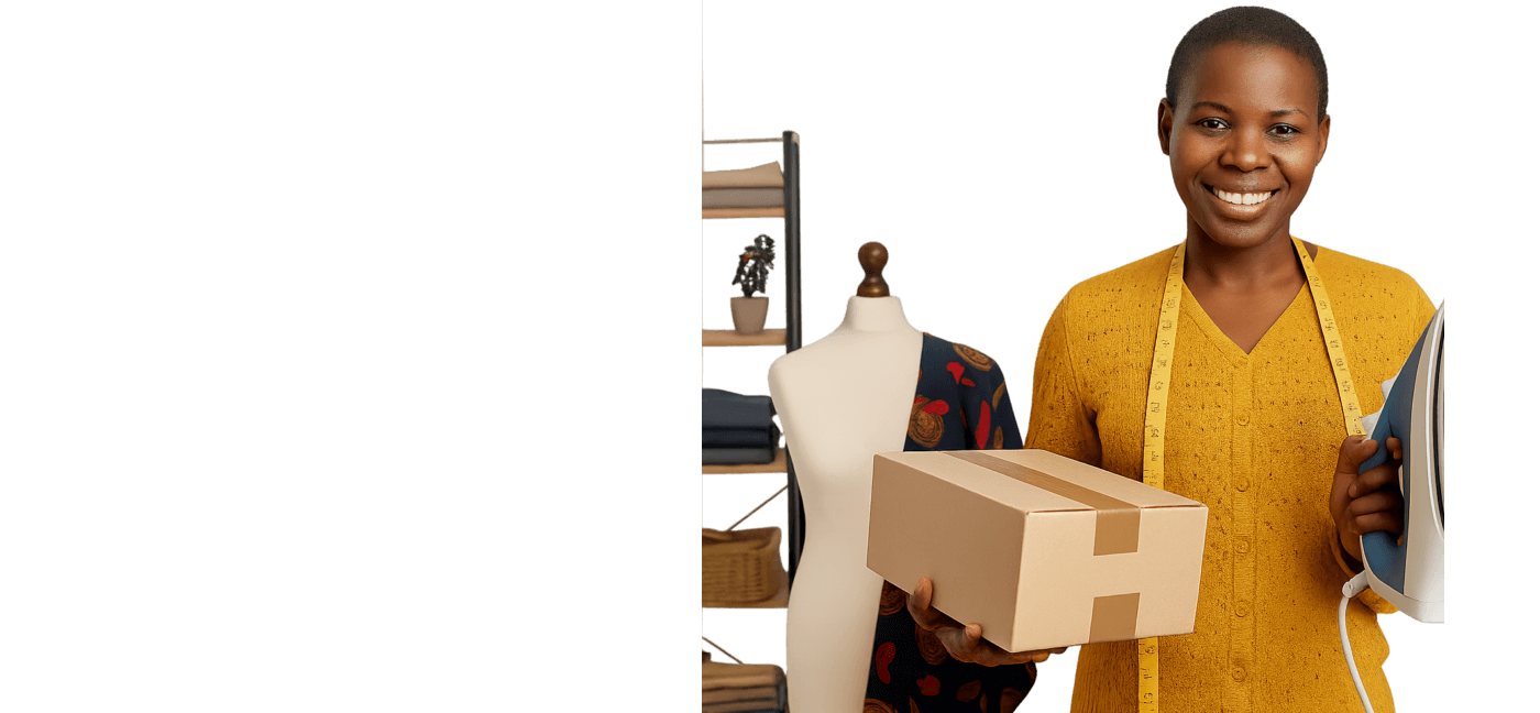 A high-resolution transparent image showing a tailor carefully packaging a finished garment near a shipping box—symbolizing the journey from production to doorstep delivery.