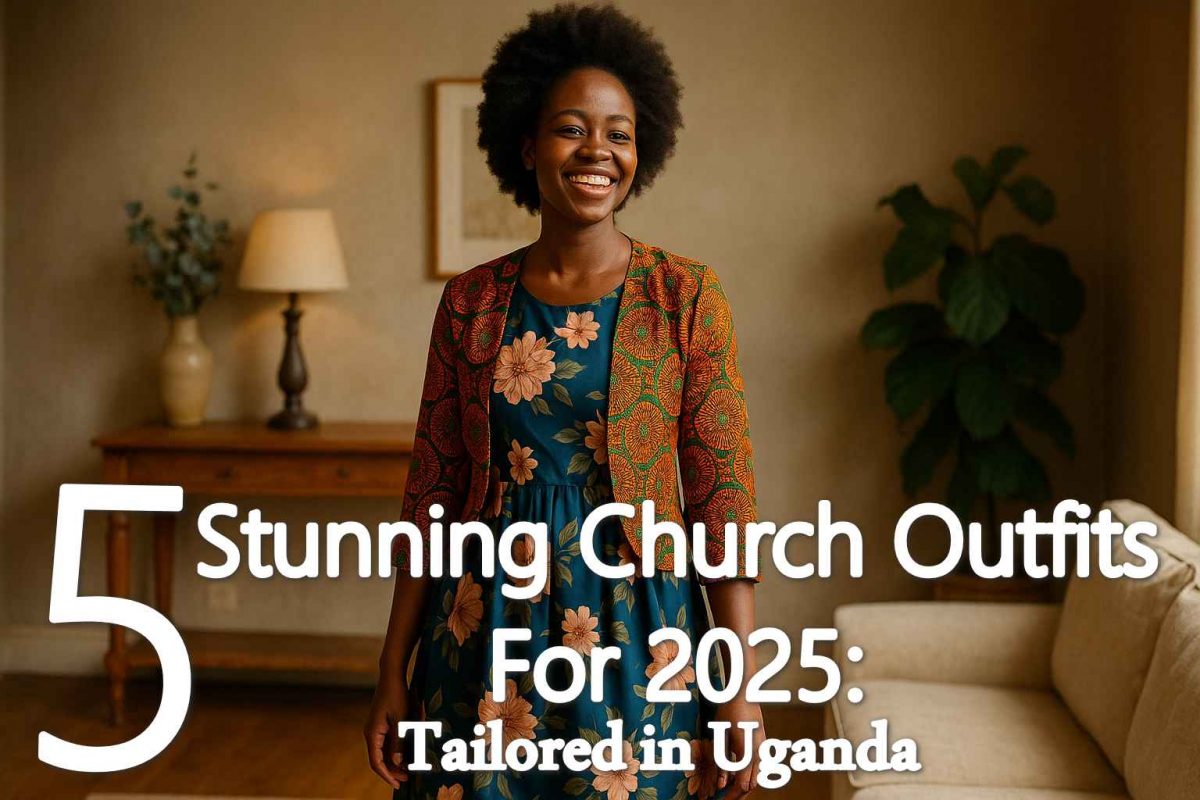 An African woman in a stylish dress preparing for church, with soft text reading “5 Stunning Church Outfits for 2025 – Tailored with Grace in Uganda”