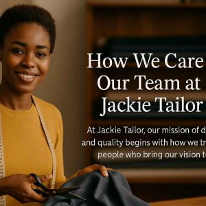 An African seamstress in a warmly lit tailoring studio, smiling while holding a piece of cloth, with faint text overlay reading “How We Care for Our Team.”