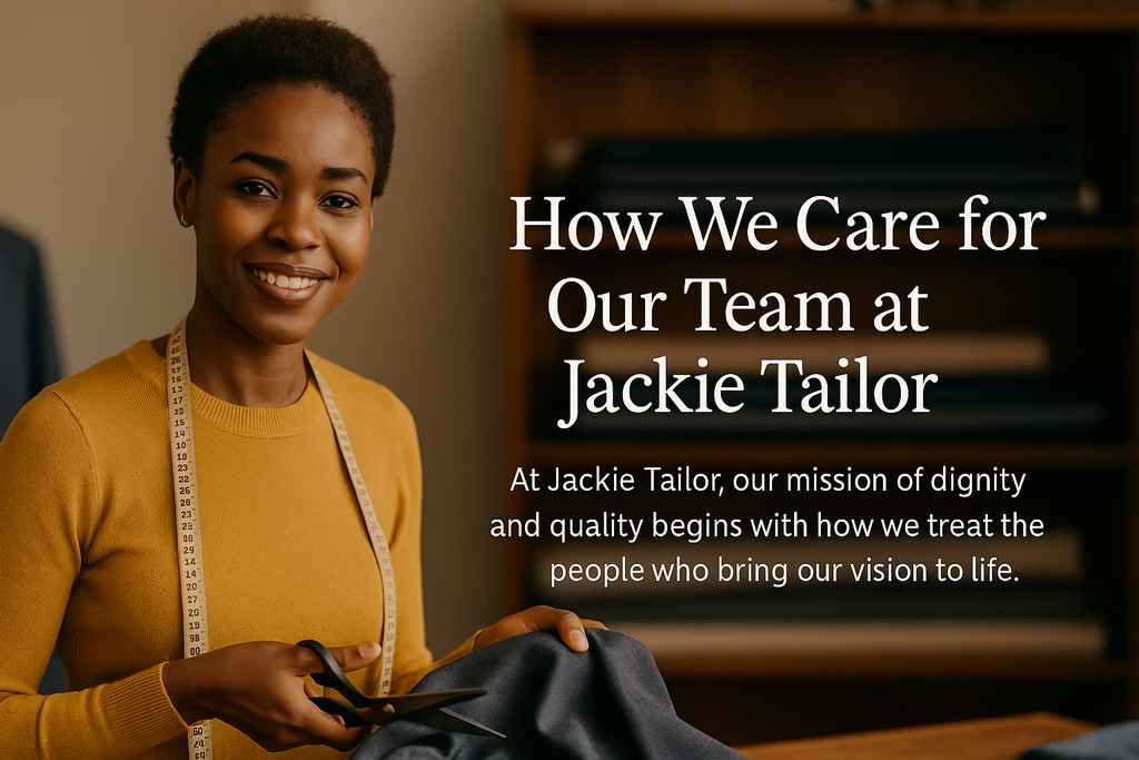 An African seamstress in a warmly lit tailoring studio, smiling while holding a piece of cloth, with faint text overlay reading “How We Care for Our Team.”
