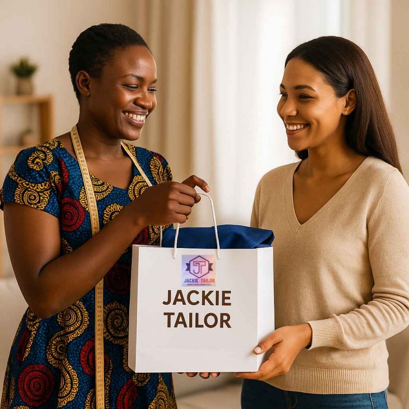 jackie tailor delivering product in bag with logo