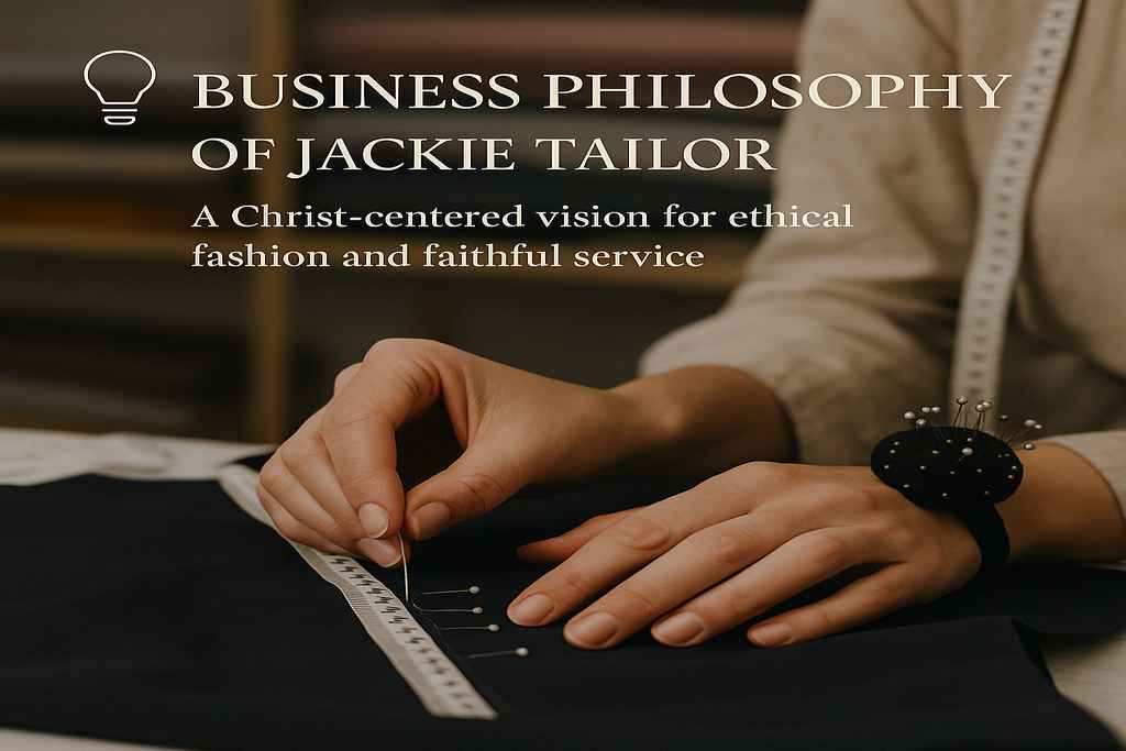 Hands of an African woman adjusting fabric on a sewing table, with soft overlaid text that reads “Business Philosophy of Jackie Tailor.”
