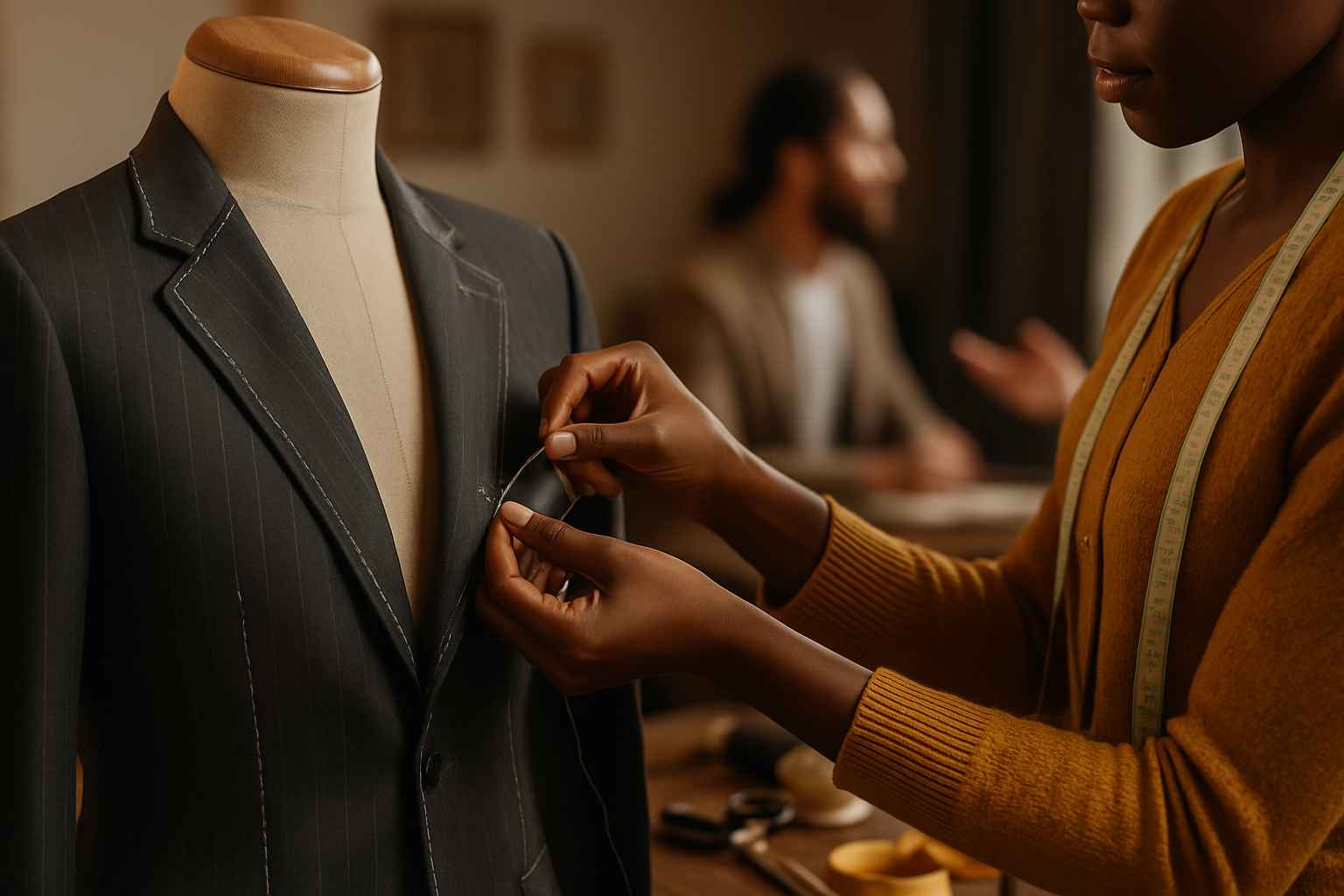 A tailor’s hands carefully adjusting a dark gray suit jacket on a mannequin, with elegant sewing tools nearby and a blurred client conversation in the background—conveying craftsmanship and care.
