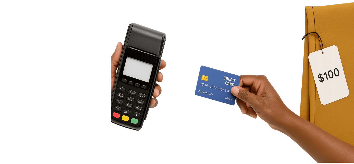 A high-resolution image showing a folded receipt, a mobile money device, and tailoring materials on a table—representing secure and transparent tailoring payments.