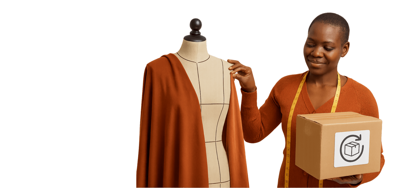 A transparent image of an African tailor making final garment adjustments while interacting warmly with a smiling client, symbolizing returns and fittings.