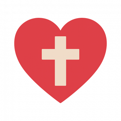 A flat vector illustration of a red heart with a white cross at the center, symbolizing Jackie Tailor’s Christ-centered mission and Reformed values.