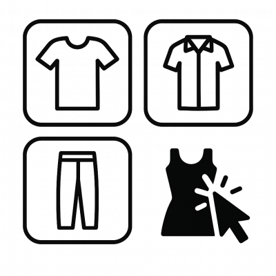 A flat vector illustration of a cursor selecting a dress icon within a grid layout, representing product browsing and customization options.