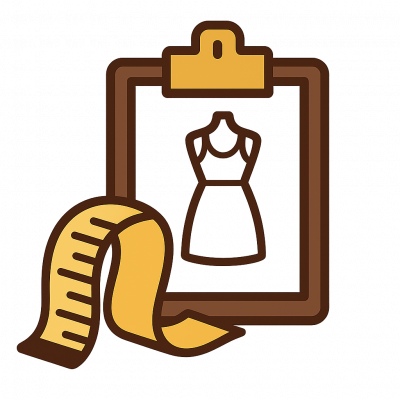 A vector-style icon combining a measuring tape, clipboard, and garment sketch, representing the process of placing an order and submitting custom measurements.