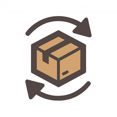 A vector graphic of a cardboard box with curved arrows, symbolizing returns, exchanges, and garment adjustments.