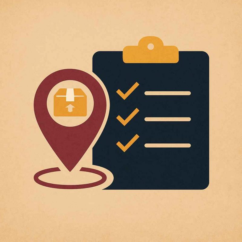 A minimal square icon showing a clipboard and tracking symbol, styled in Jackie Tailor’s soft beige and brown tones to suggest professionalism, order progress, and customer care.
