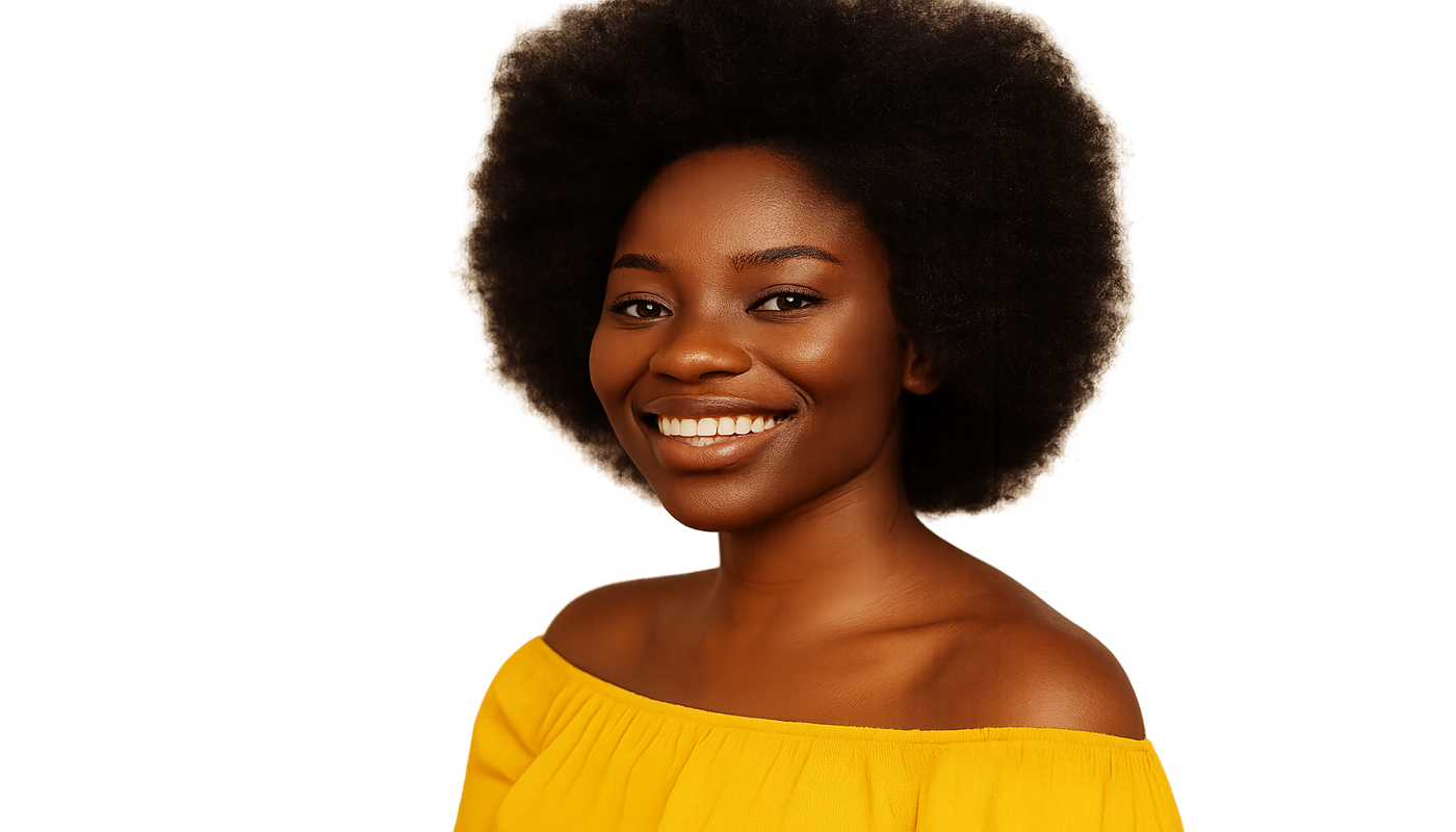 Close-up portrait of a radiant African woman with natural beauty and joyful expression, representing the dignity, strength, and grace that Jackie Tailor designs aim to reflect.