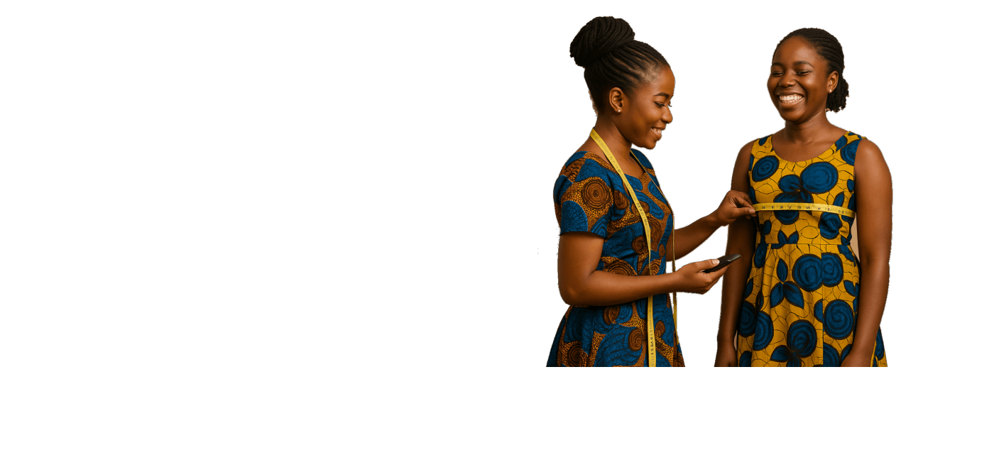 A smiling tailor measuring a joyful client’s upper body while holding a phone — both wearing vibrant, custom African print outfits in a premium studio setting