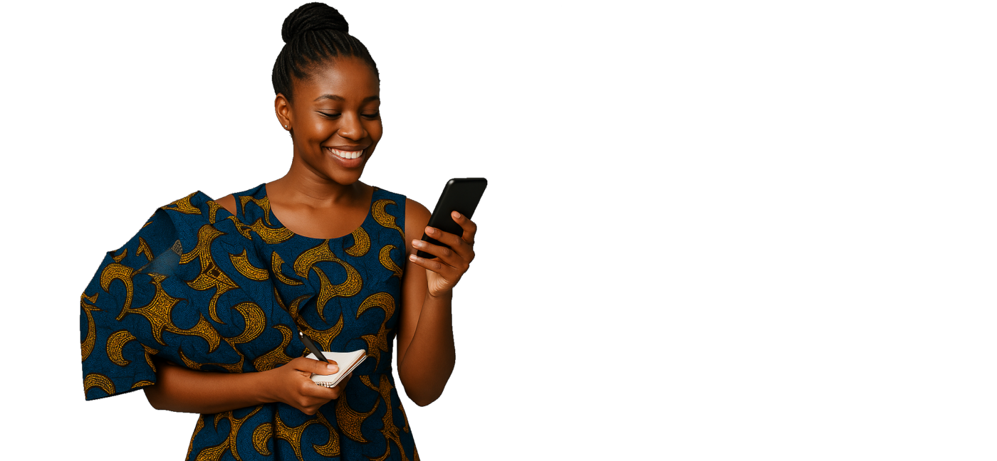 A professional African seamstress in a vibrant wax print dress smiling while holding a smartphone and a notepad, representing premium order-taking and measurement services