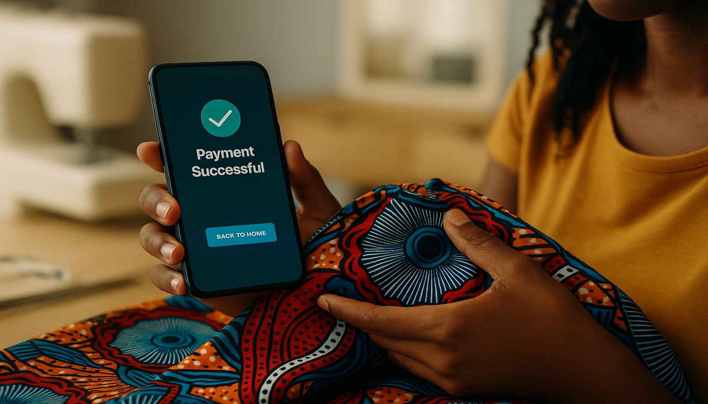 A close-up of a young African woman holding a colorful tailored dress while checking her smartphone for a mobile payment confirmation.
