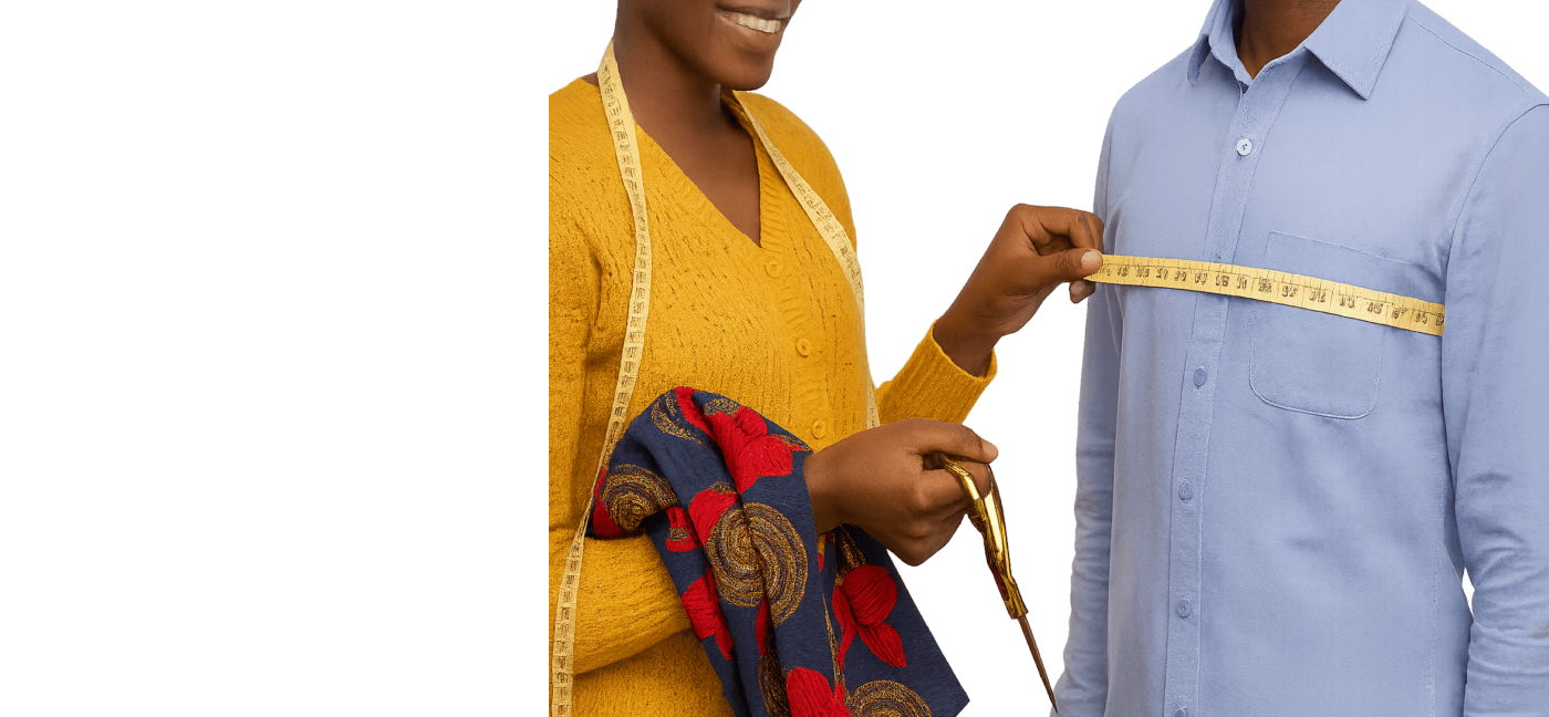 Transparent image showing a tailor measuring fabric beside a mannequin, representing clothing orders and body measurements.
