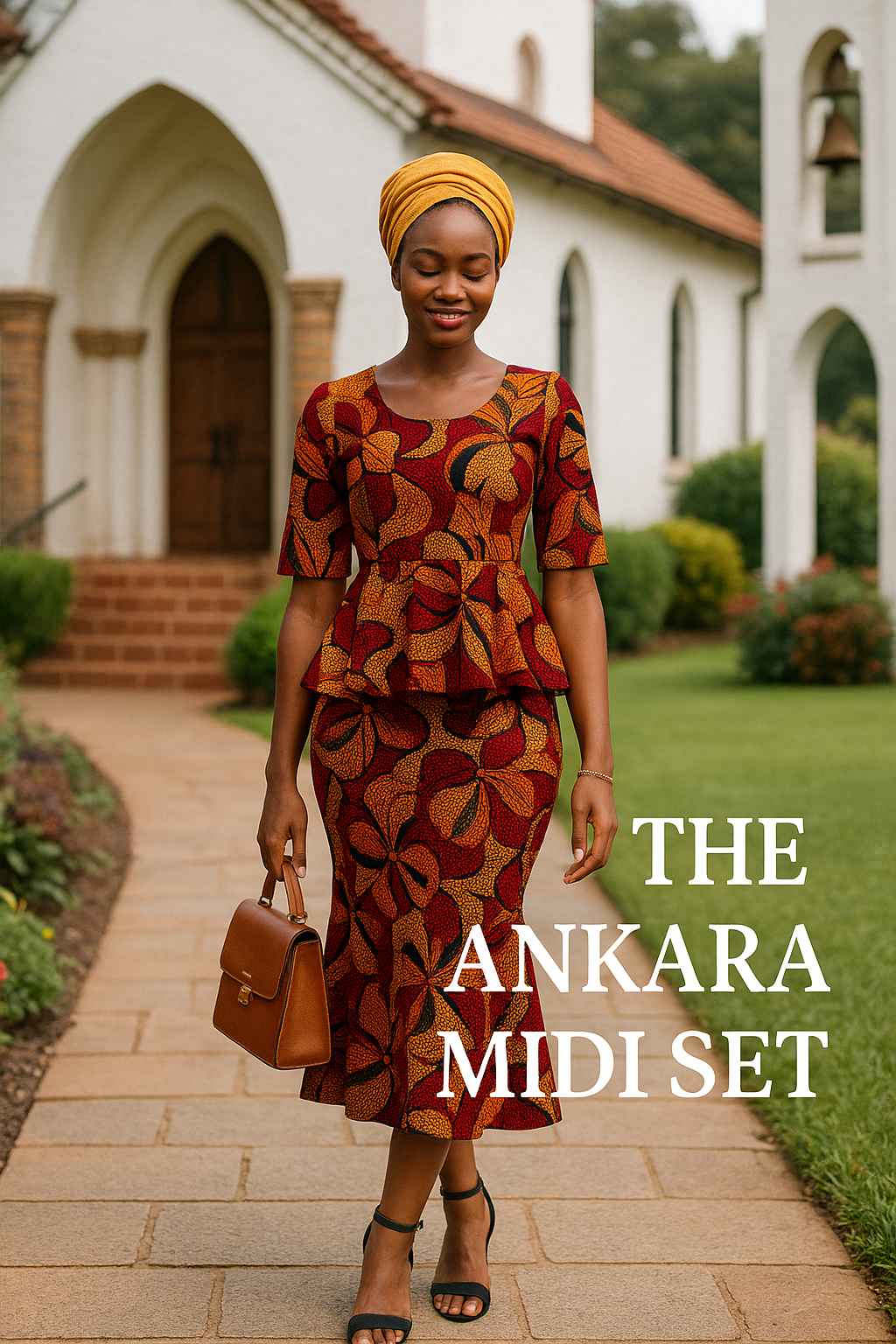 Bold Ankara midi set with peplum top and headwrap