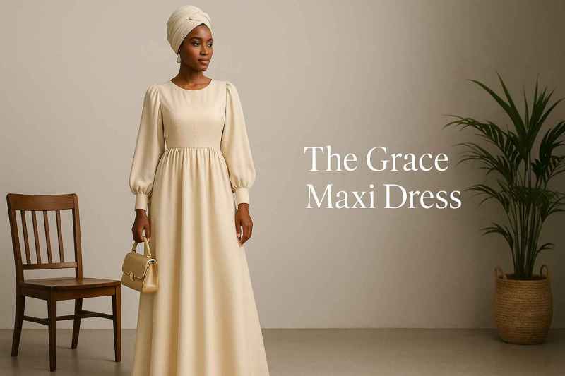 A cream-colored maxi dress with puff sleeves and headwrap