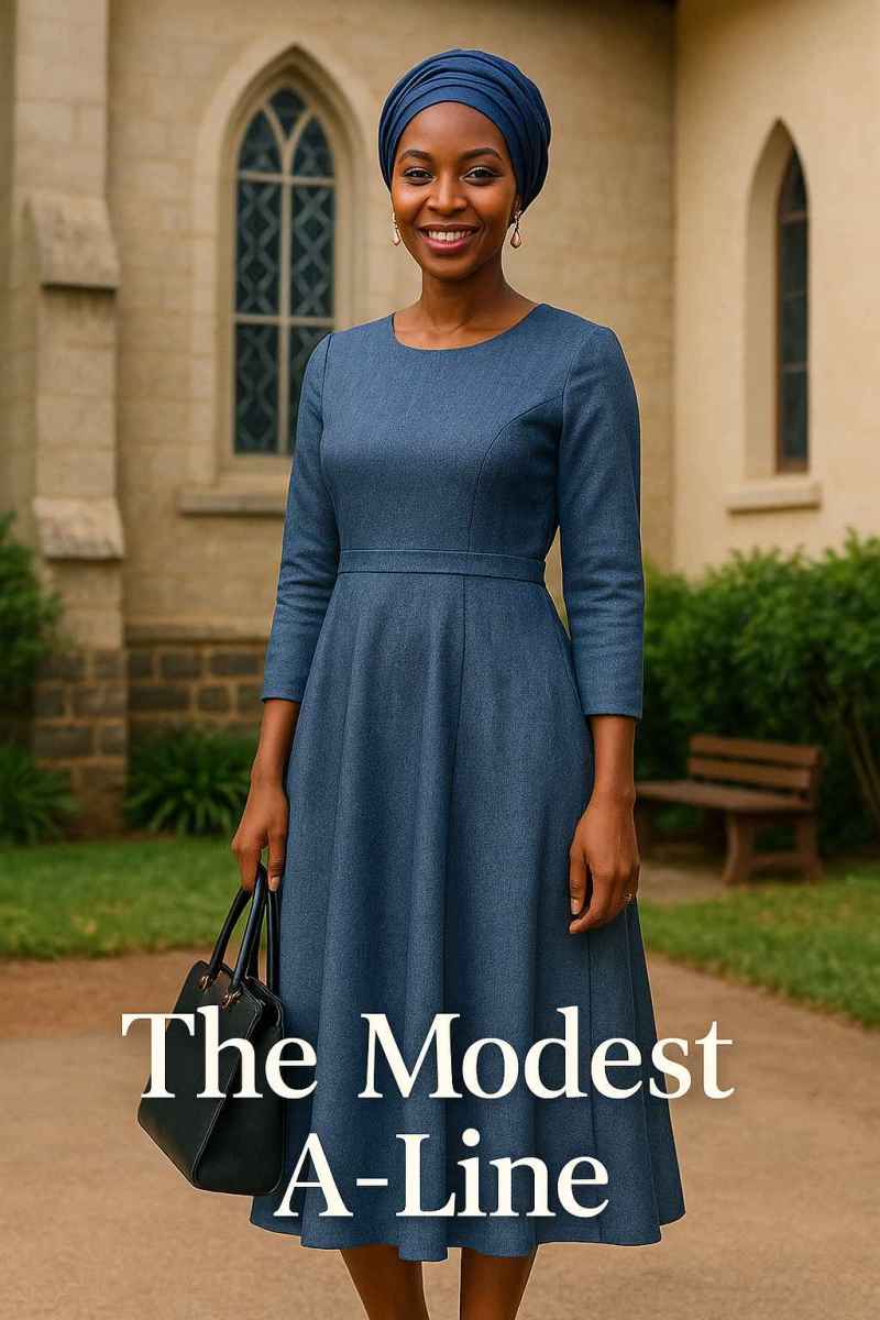 A modest A-line dress in heather blue with headwrap