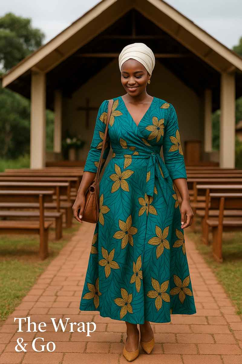 Vibrant wrap dress with yellow floral prints and headwrap