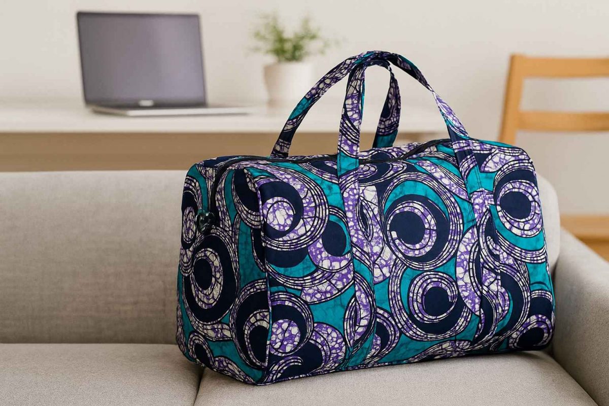 African print duffle bag resting on a wooden bench with travel essentials
