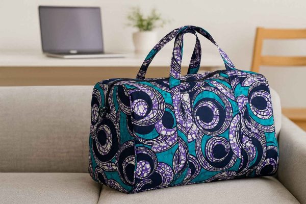 African print duffle bag resting on a wooden bench with travel essentials